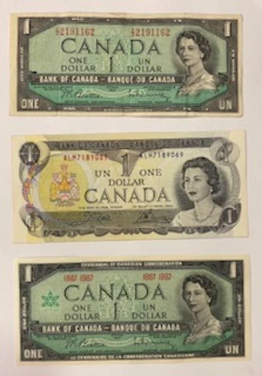 3 Canadian$1.00 Bills-Years 1954,1967,1973-Mint
