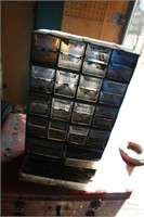 BLUE SMALL CABINET W/VARIOUS DRILL BITS
