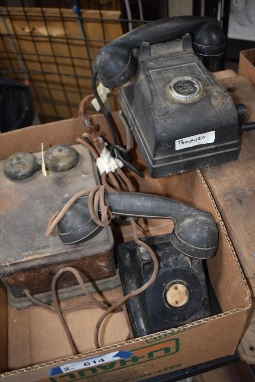 Antique Phones and Wood Wall Phone Box