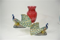 Bisque Peacock Bird Statures & Ruby Red Vase