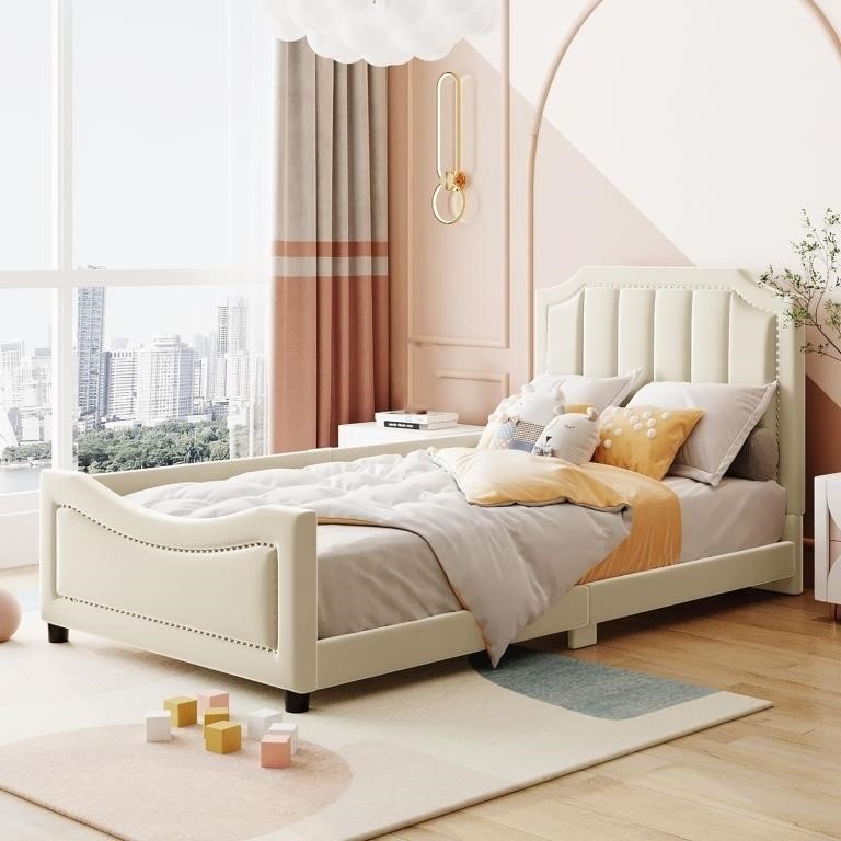 Upholstered Platform Bed, Twin, Beige