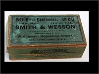 ANTIQUE BOX OF 38 CAL. SMITH & WESSON AMMUNITION