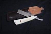 Custom Damascus blade straight razor, bone handle