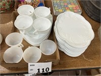 MILK GLASS SAUCERS/ PLATES AND TEA CUPS
