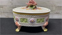 Vintage Italian Rose Topped Footed Bowl With Lid 1
