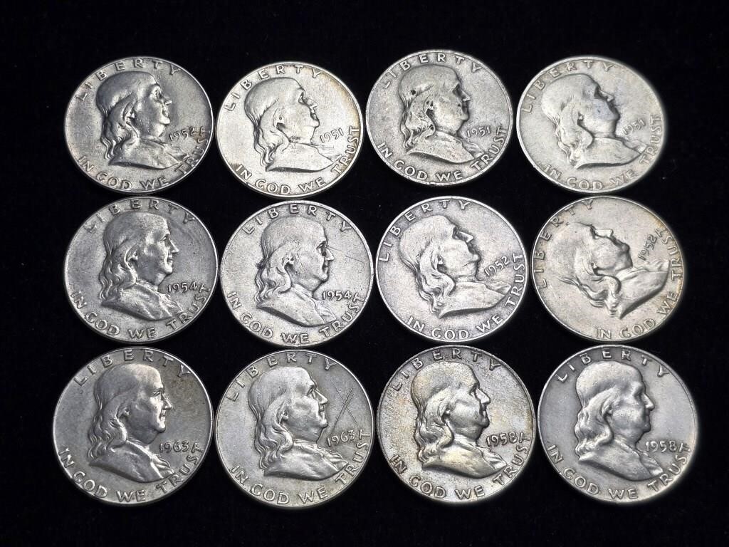 Various Dates Ben Franklin Half Dollars (12)