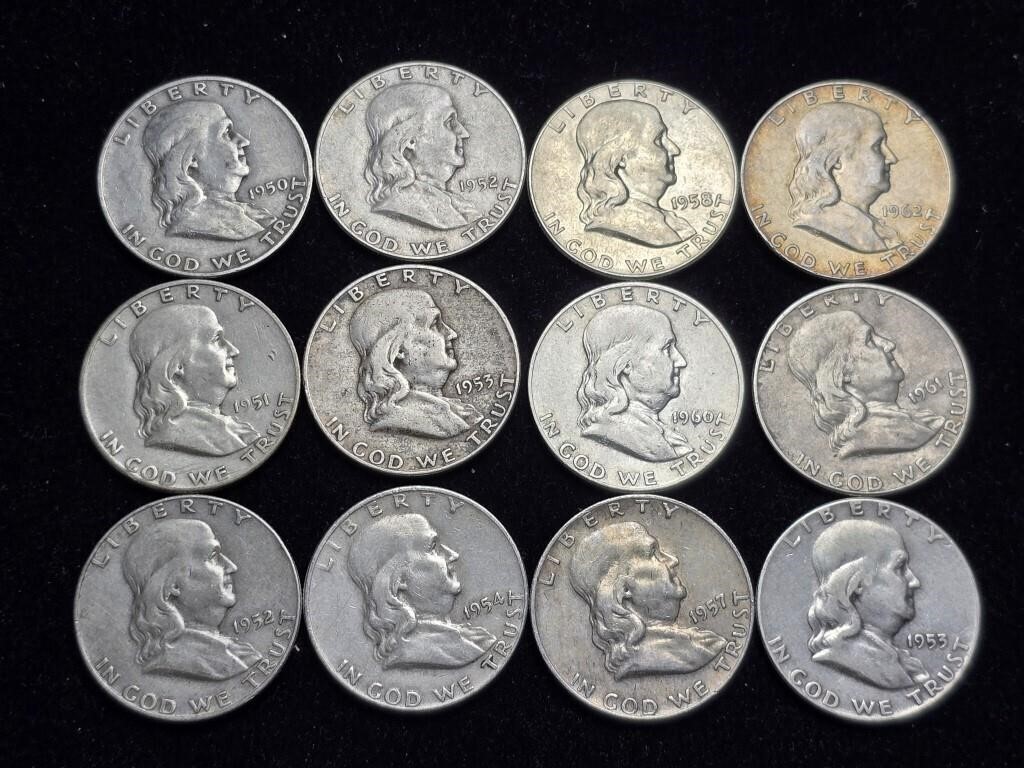 Various Dates Ben Franklin Half Dollars (12)