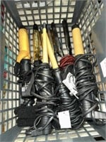 GREY BASKET WITH ASSORTMENT OF CURLING IRONS