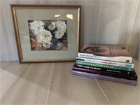 Framed Watercolor and Assorted Coffee Table Books