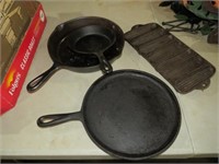 3 CAST IRON PANS & CAST IRON CORN STICK PAN
