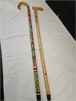 2 Painted Walking Sticks / Canes 35 & 37"