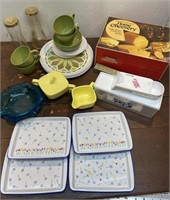 Home Cheesery, tin trays, ash tray, cream and