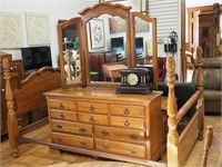 Three-piece oak bedroom set: queen-size bed with