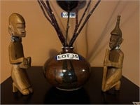 (2) Wood Carved African Figures & Pottery Vase