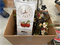 2 box lot w/ clock, floral decor & serving trays