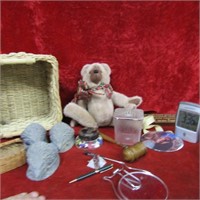 Basket, teddy bear, gavel, thermometer, more.