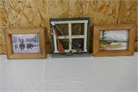 2 MOOSE FRAMED PRINTS AND FISHING SCENE