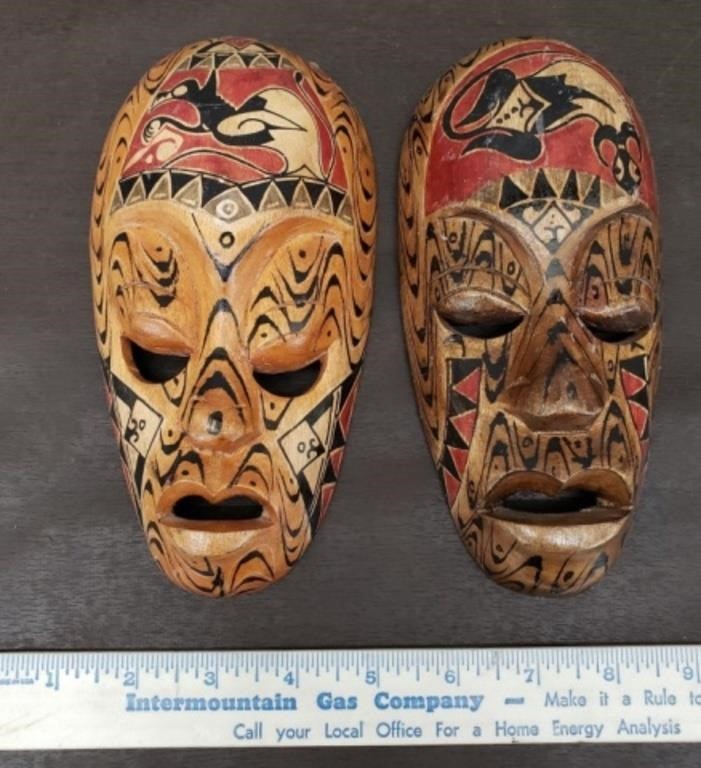 Pair of Wood Carved Native Masks 8" Tall