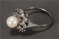 Ladies Pearl and Sapphire Silver Dress Ring,