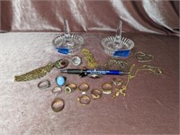 (2) Heavy Glass Ring Holders with Costume Jewelry