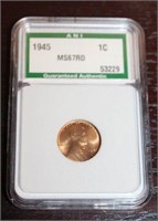 1945 MS67RD PENNY ASI CERTIFIED