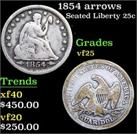 1854 arrows Seated Liberty Quarter 25c Grades vf+