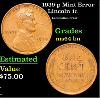 1939-p Lincoln Cent Mint Error 1c Grades Choice Un