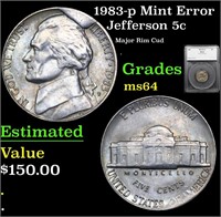 1983-p Jefferson Nickel Mint Error 5c Graded ms64