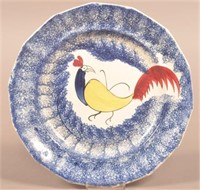 Blue Spatter China Rooster Peafowl Paneled Plate.