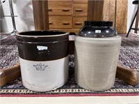 TWO STONEWARE CROCKS 4 GAL AND OTHER