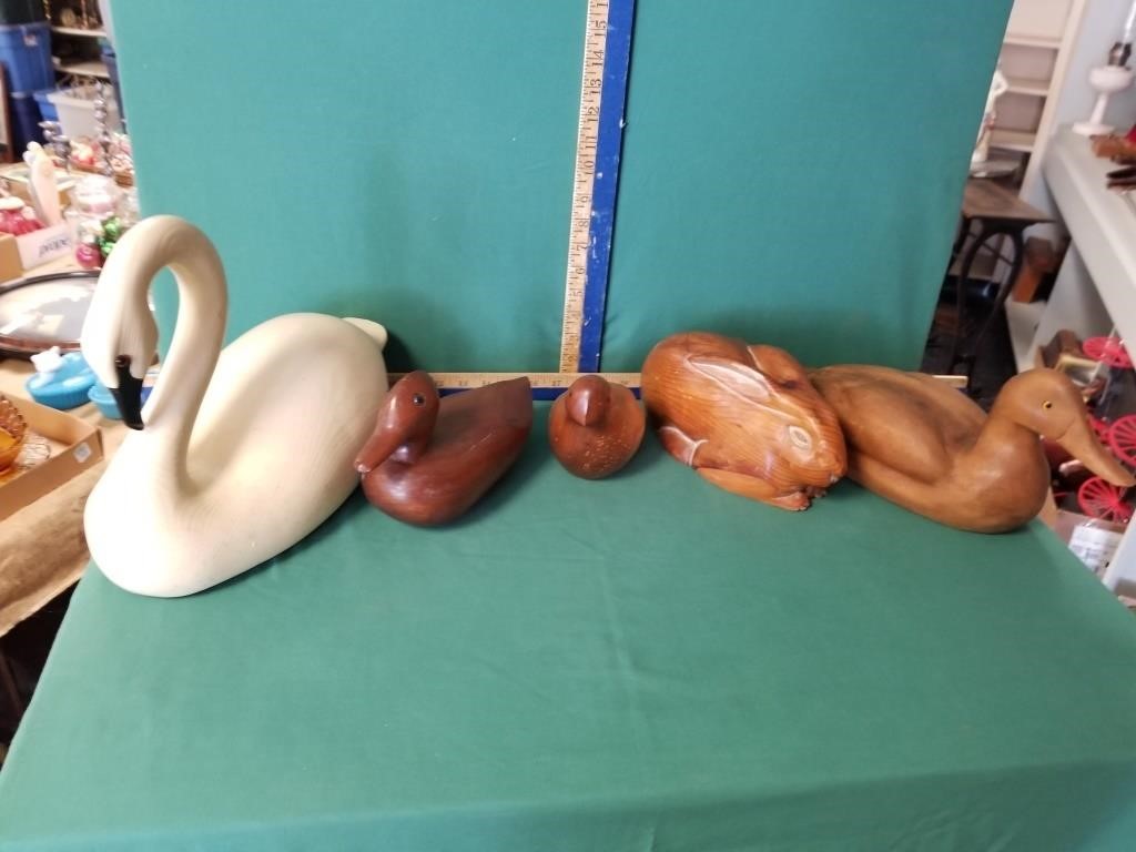 HANDMADE WOOD DUCKS, RABBIT, AND SWAN