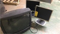 (2) HP COMPUTER MONITORS, AND A SHARP TV