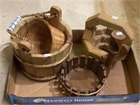 Wooden flower pots and baskets - one features a