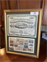 Framed Stock Certificate and Stamps