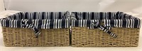 2 wicker baskets w/ blue striped liners