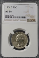 Silver U.S. Washington Quarter 1964-D NGC Slab AU5