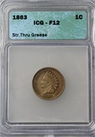 Copper U.S. Indian Head 1863 ICG Slab Str. Thru Gr