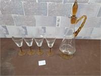 Orange stem and handle decanter with glasses