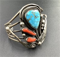 NAVAJO CORAL TURQUOISE AND SILVER CUFF