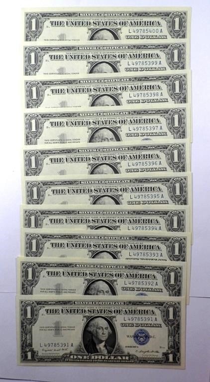 (10) 1957 $1 SILVER CERT CONSECUTIVE #