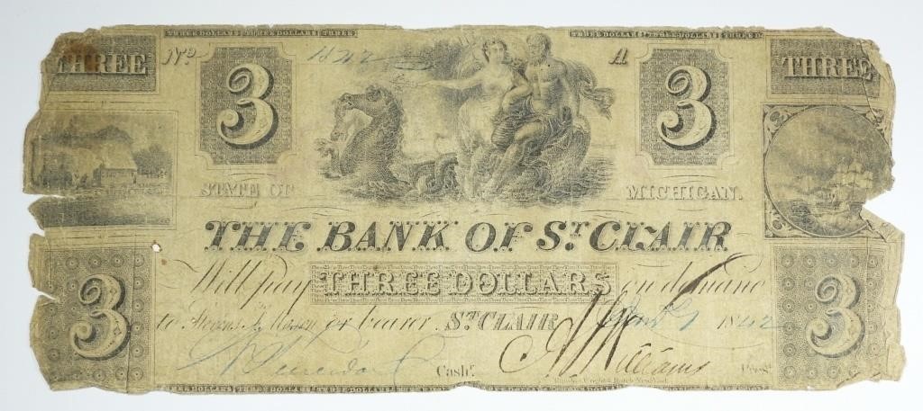 1842 $3 MICHIGAN OBSOLETE CURRENCY NOTE