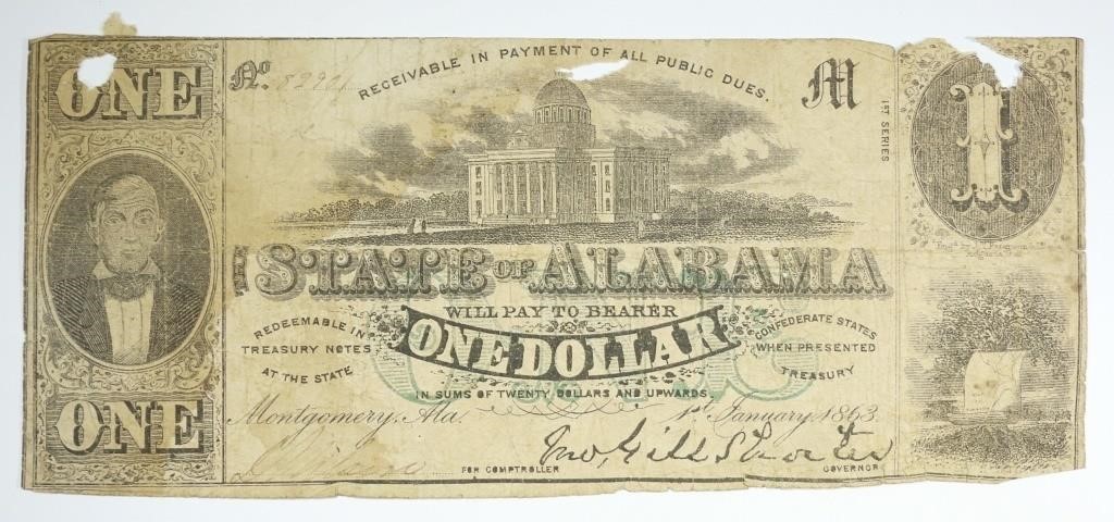 1863 $1 ALABAMA OBSOLETE CURRENCY NOTE