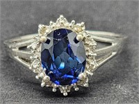 10K White Gold Oval Blue Gemstone Halo Ring