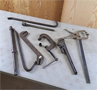C clamp, bar clamp, double ended vintage wrench,