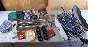 Assortment of motorcycle parts, including chassis