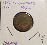 1942 1964 10 Centavos Peru Brass