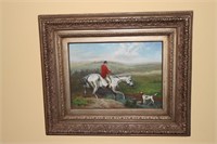 Fox hunting painting on wood of man on horse and
