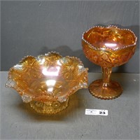 Marigold Carnival Glass Compote & Bowl