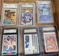 TRAY OF GRADED BASEBALL AND FOOTBALL CARDS