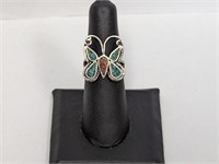 .925 Sterling Coral/Turquoise Butterfly Ring Sz 6
